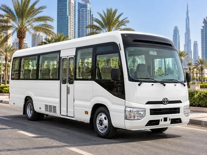 Toyota Coaster · Mitsubishi Rosa representative vehicle for group transportation in Dubai
